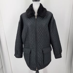 Express Quilted Jacket Womens XS Black Faux Fur Collar Pockets Full Zip FLAW